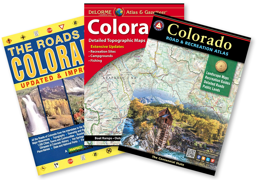 A variety of maps and road atlases for Colorado